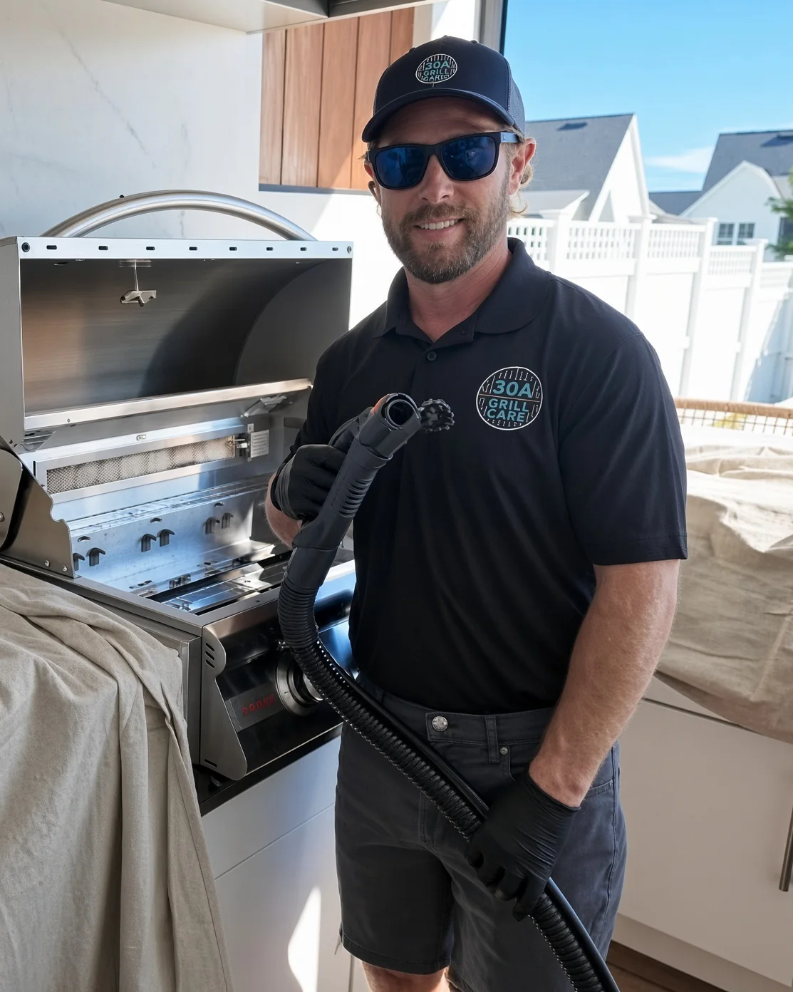 Gairad DeCastro, founder of 30A Grill Care, steam cleaning a built-in grill